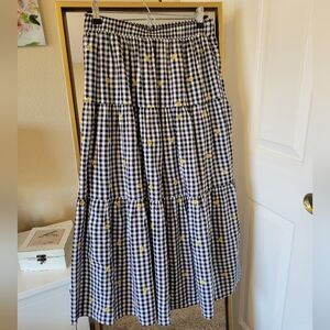Old Navy black and white gingham tiered midi skirt with yellow flowers
